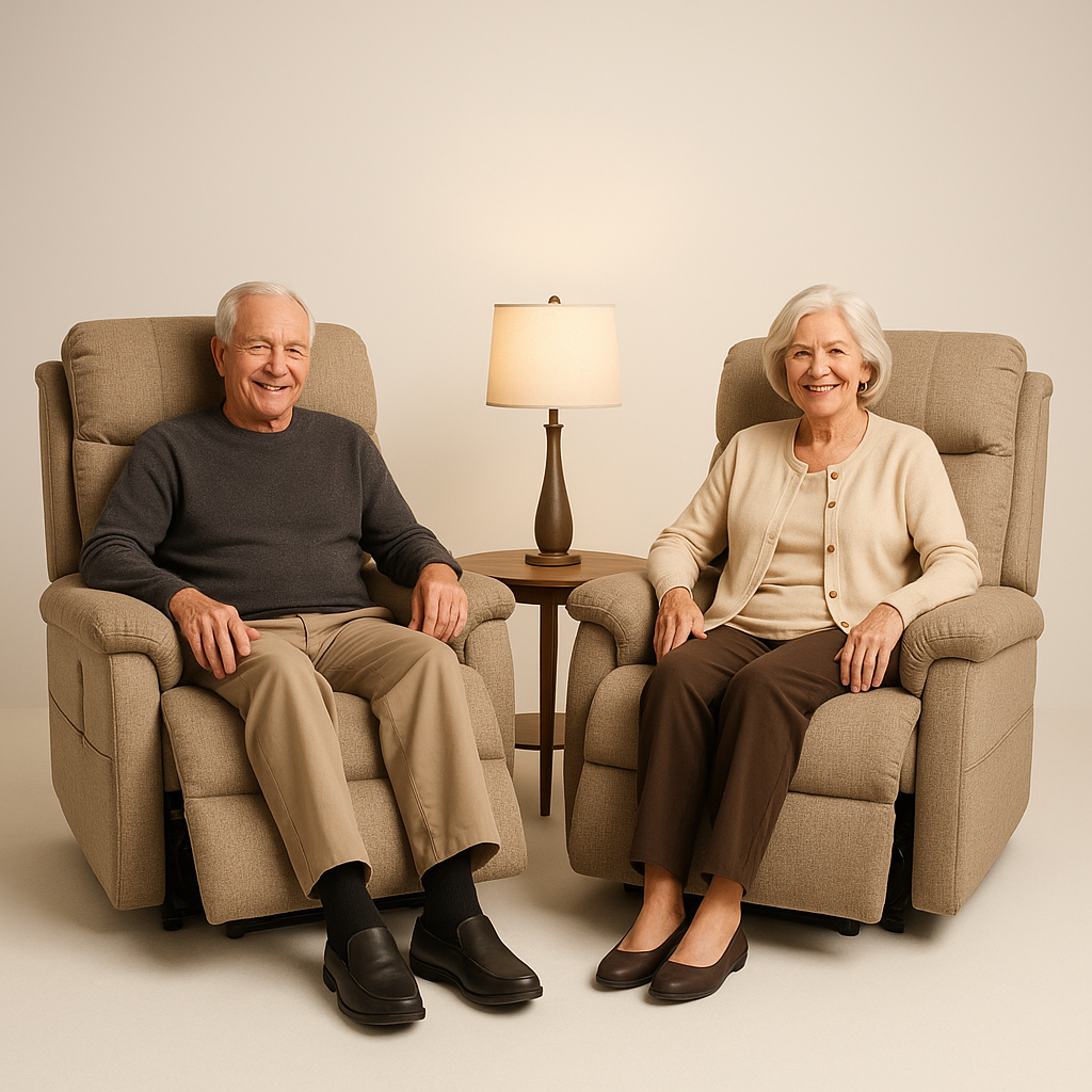 Two matching reclining lift chairs with a side table between them