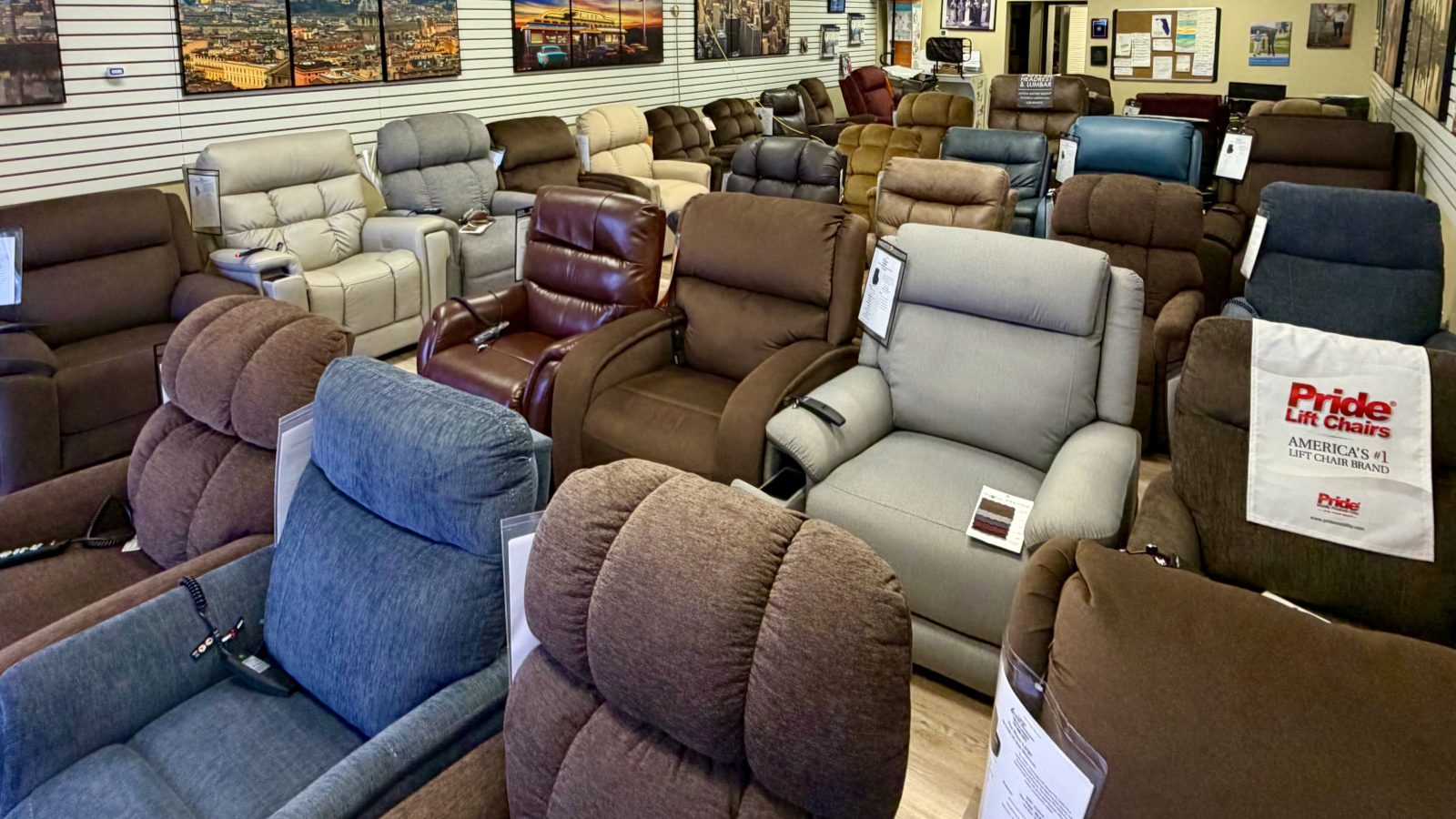 Florida lift chair showroom floor with dozens of reclining lift chairs in many sizes and styles