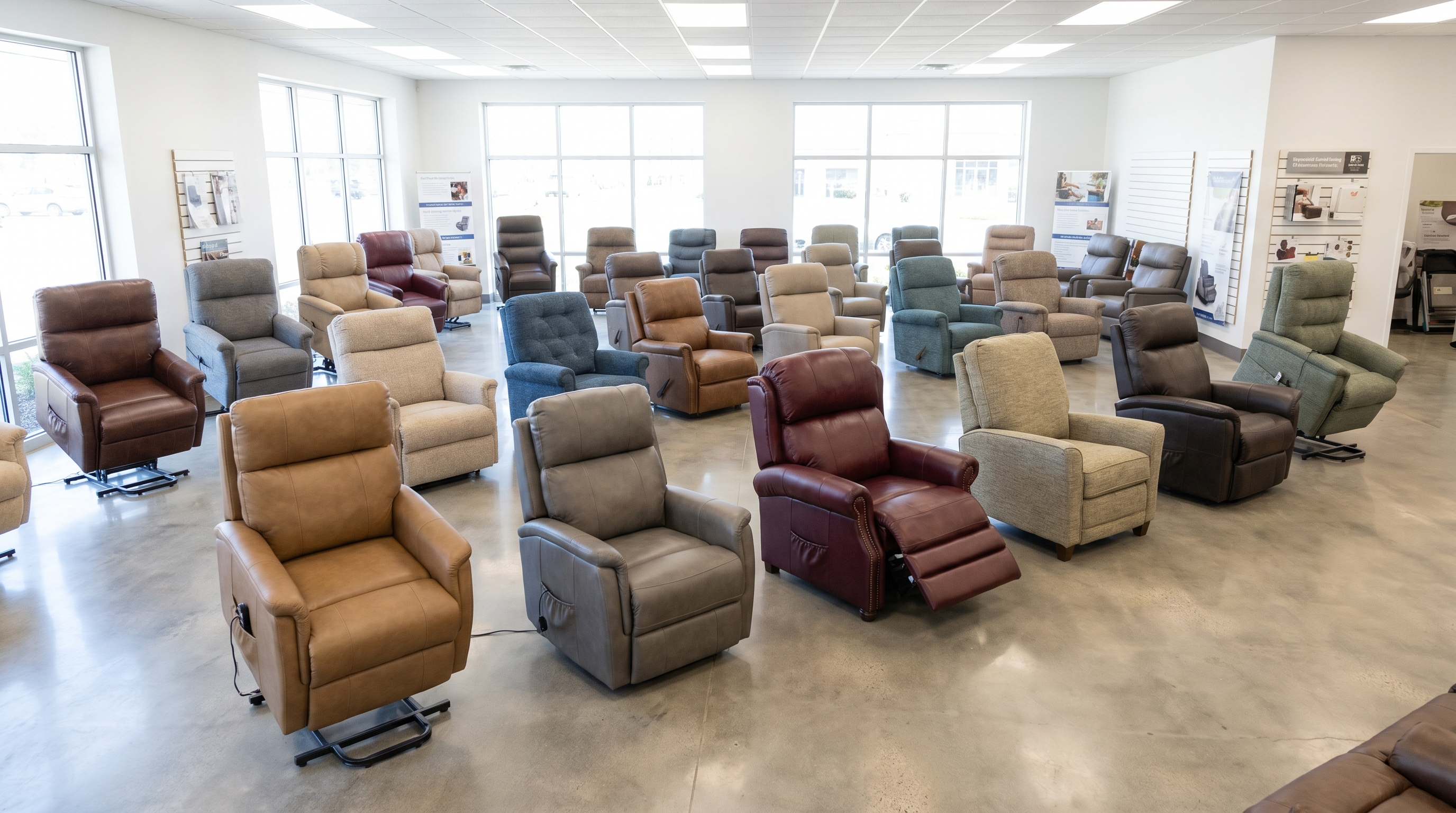 Florida lift chair showroom floor with dozens of reclining lift chairs in many sizes and styles